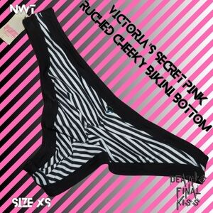 PINK Victoria's Secret Black White Striped Ruched Cheeky Skimpy Bikini Bottom XS